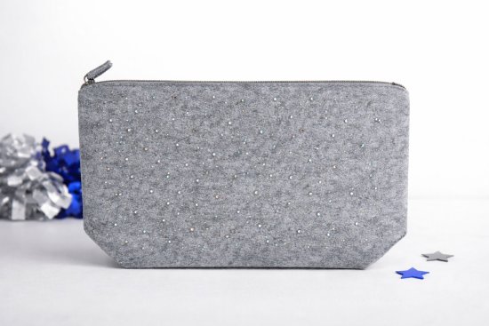 Kleinkramtasche aus Filz hellgrau - Cheer Pack Schleife - mit Bling